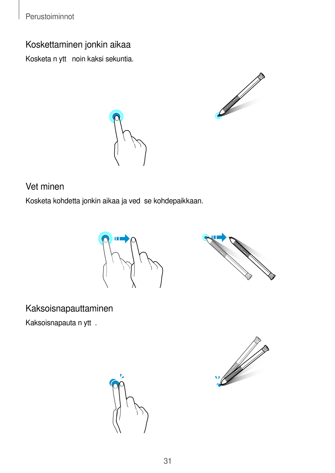 Samsung SM-T395NZKANEE manual Koskettaminen jonkin aikaa, Vetäminen, Kaksoisnapauttaminen 