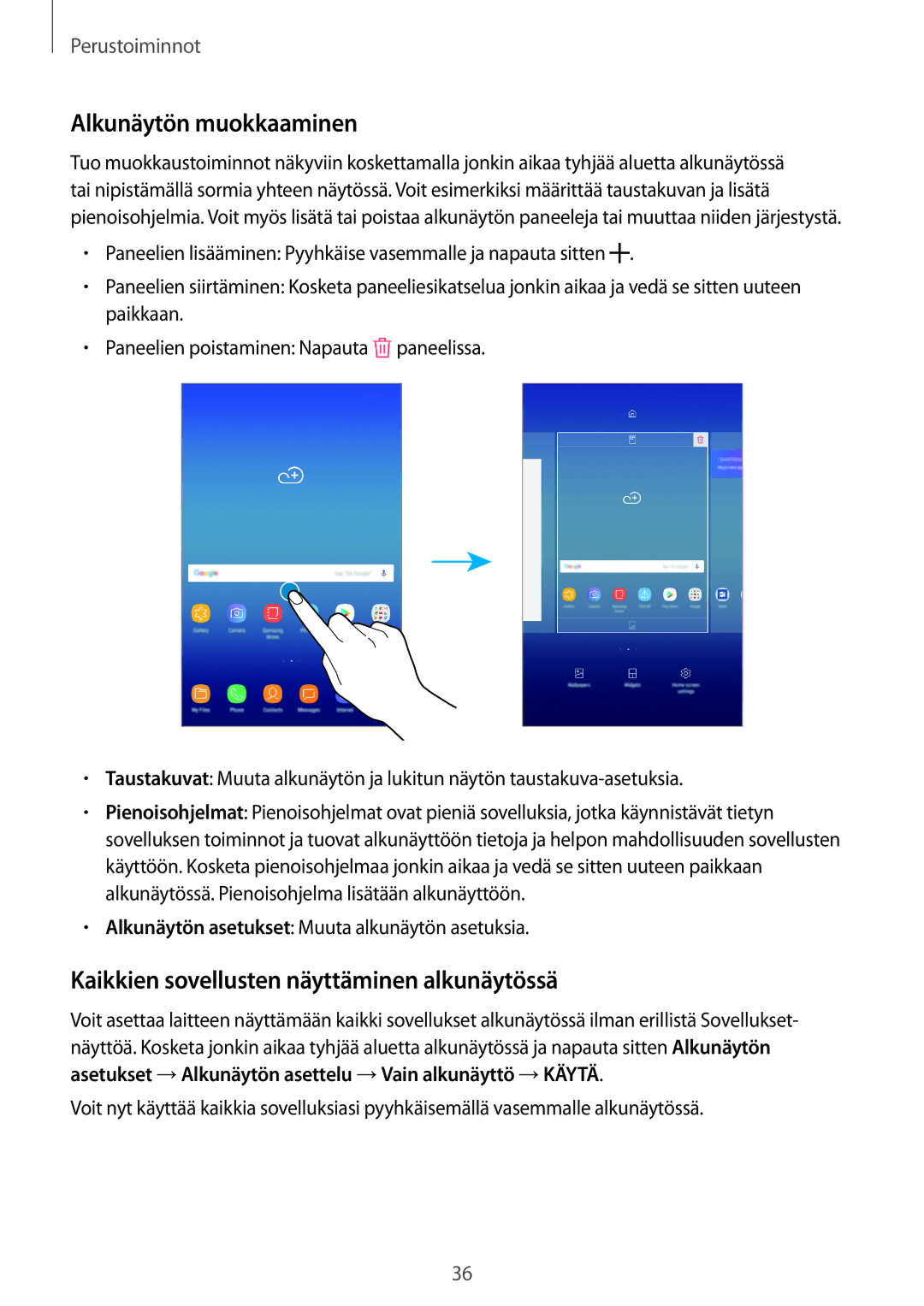 Samsung SM-T395NZKANEE manual Alkunäytön muokkaaminen, Kaikkien sovellusten näyttäminen alkunäytössä 