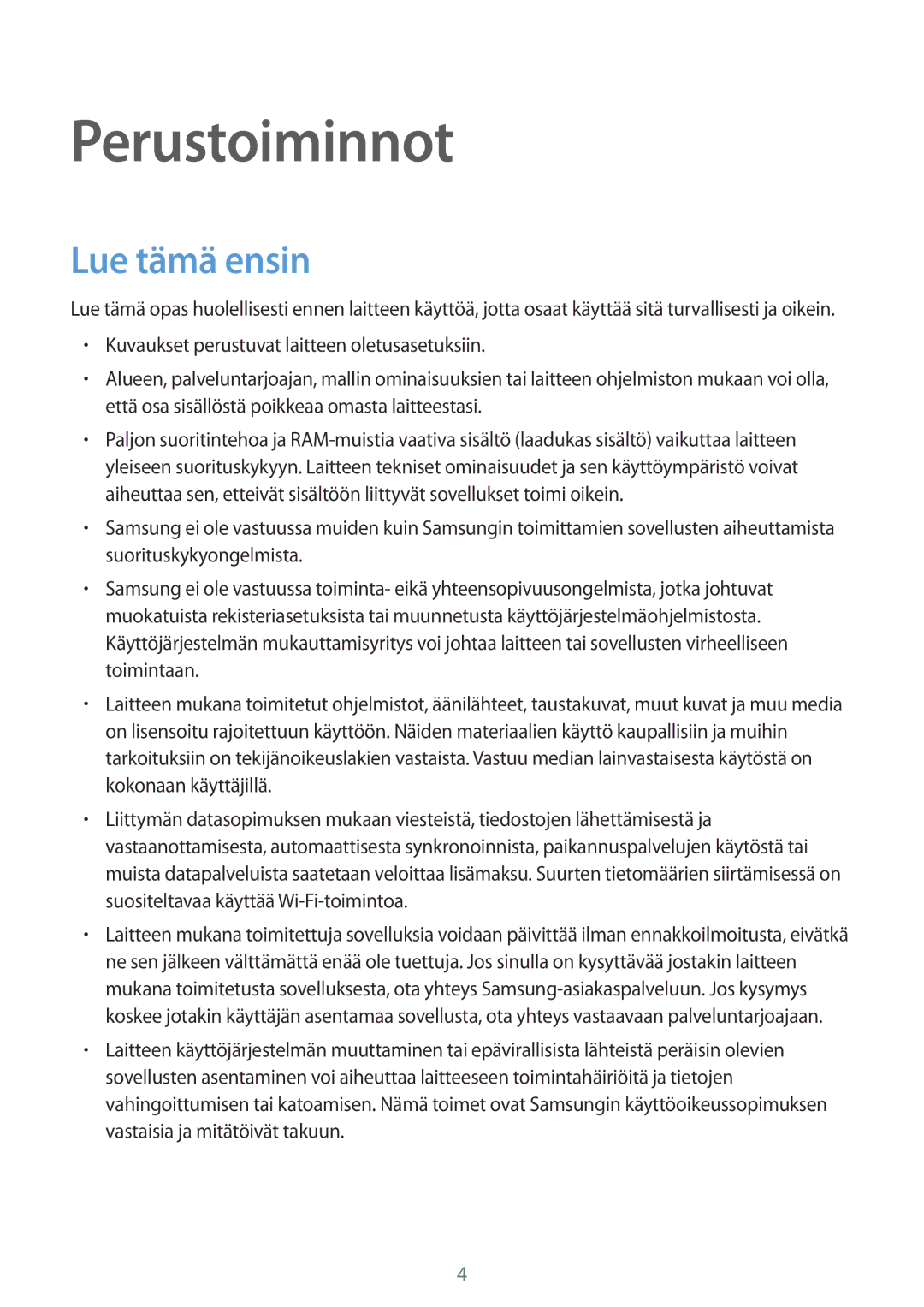 Samsung SM-T395NZKANEE manual Perustoiminnot, Lue tämä ensin 