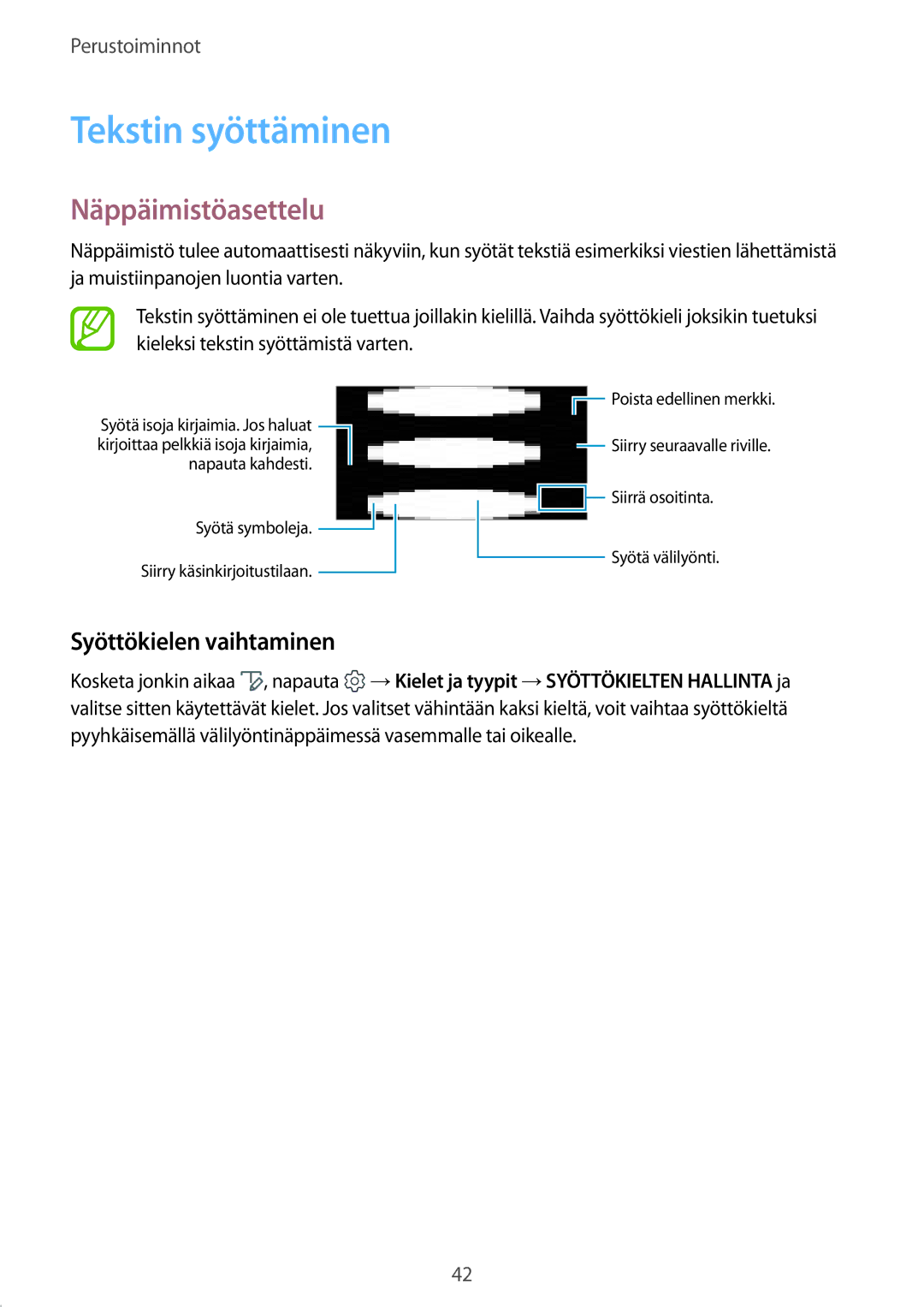 Samsung SM-T395NZKANEE manual Tekstin syöttäminen, Näppäimistöasettelu, Syöttökielen vaihtaminen 