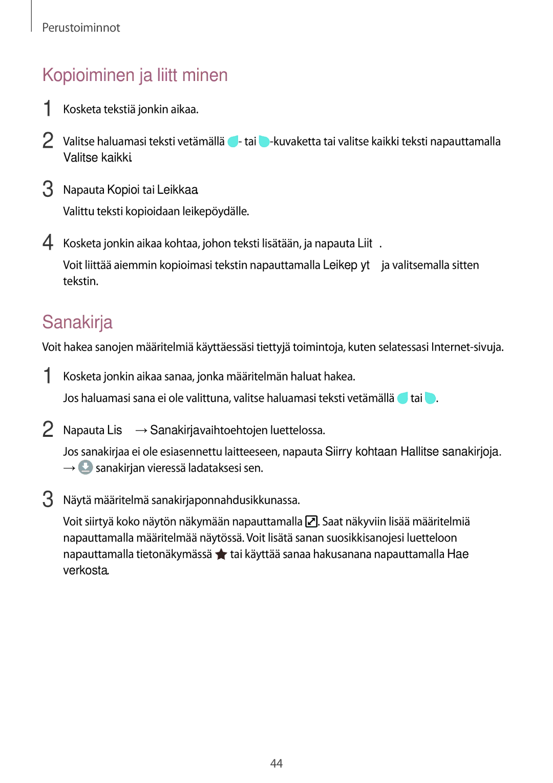 Samsung SM-T395NZKANEE manual Kopioiminen ja liittäminen, Sanakirja, Valitse kaikki Napauta Kopioi tai Leikkaa 