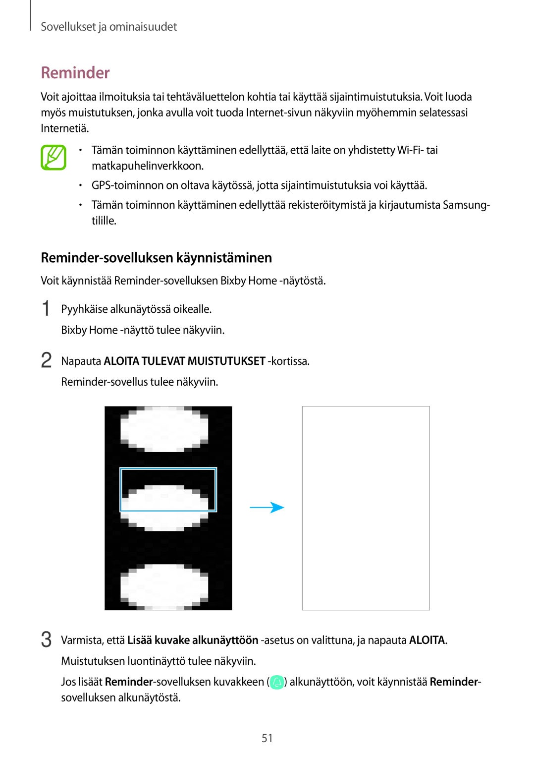 Samsung SM-T395NZKANEE manual Reminder-sovelluksen käynnistäminen, Napauta Aloita Tulevat Muistutukset -kortissa 