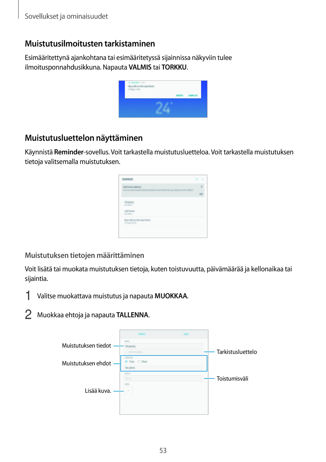 Samsung SM-T395NZKANEE manual Muistutusilmoitusten tarkistaminen, Muistutusluettelon näyttäminen 