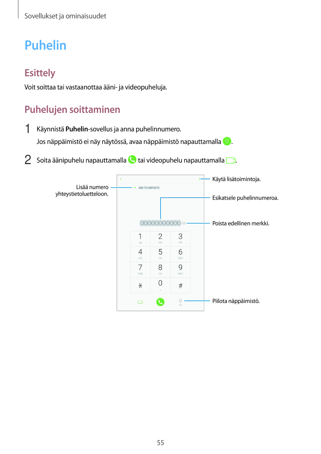 Samsung SM-T395NZKANEE manual Puhelin, Puhelujen soittaminen 