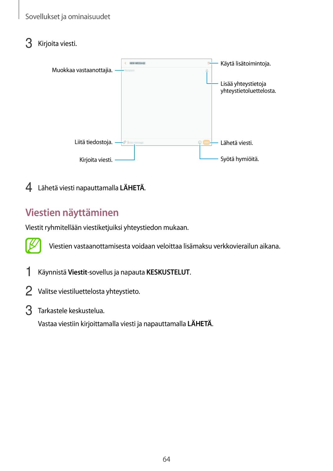 Samsung SM-T395NZKANEE manual Viestien näyttäminen, Kirjoita viesti 