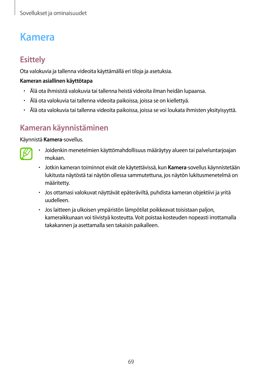 Samsung SM-T395NZKANEE manual Kameran käynnistäminen, Kameran asiallinen käyttötapa 