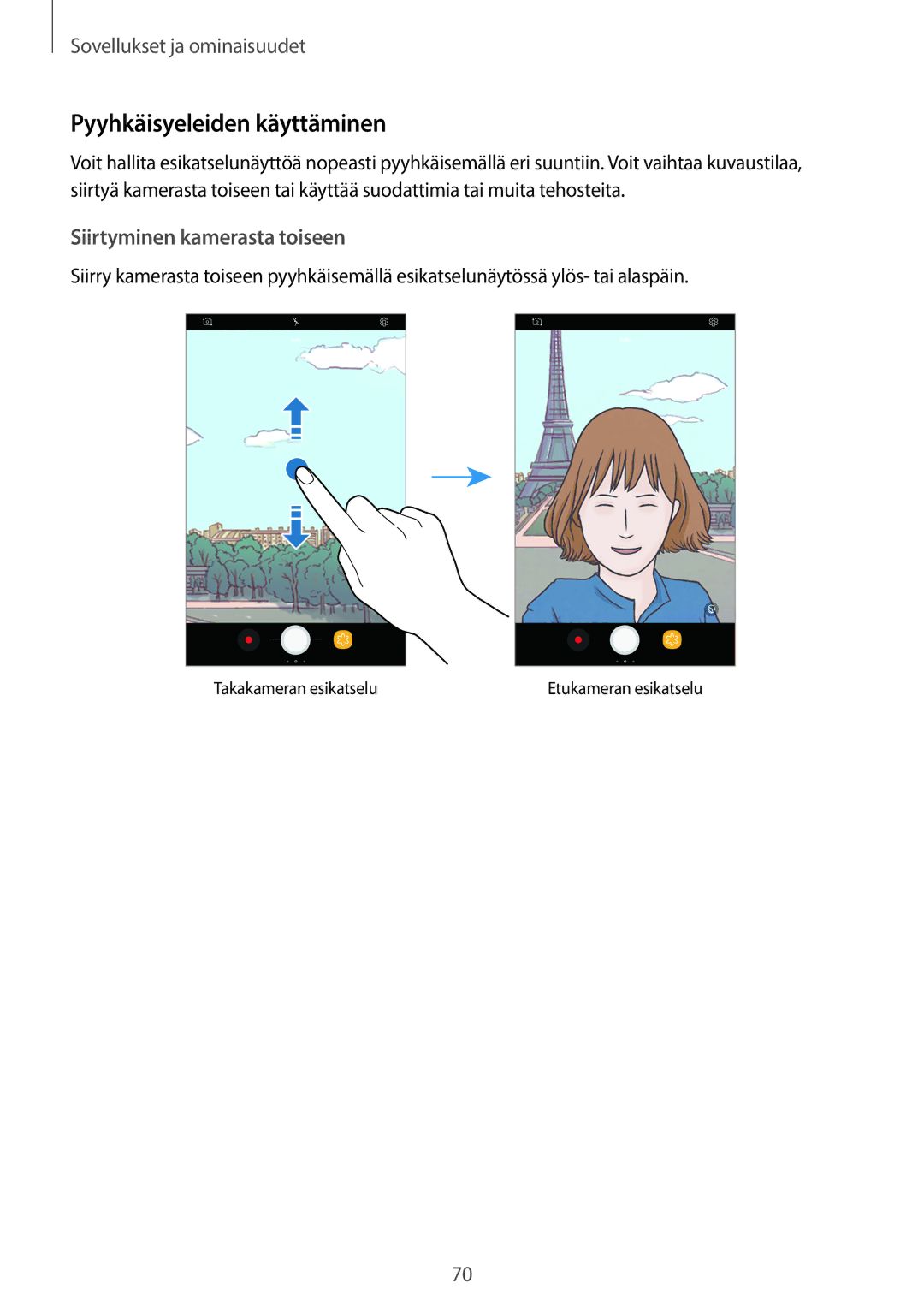 Samsung SM-T395NZKANEE manual Pyyhkäisyeleiden käyttäminen, Siirtyminen kamerasta toiseen 