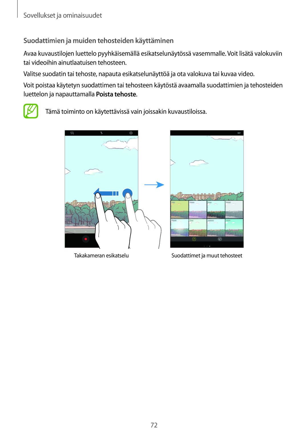 Samsung SM-T395NZKANEE manual Suodattimien ja muiden tehosteiden käyttäminen 