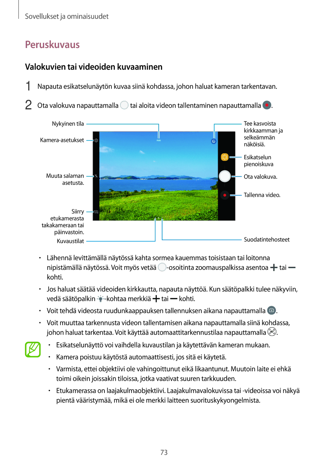 Samsung SM-T395NZKANEE manual Peruskuvaus, Valokuvien tai videoiden kuvaaminen 