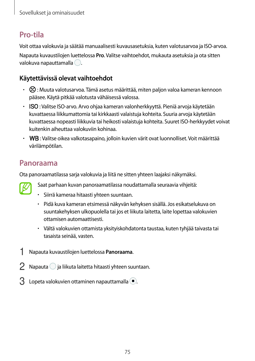 Samsung SM-T395NZKANEE manual Pro-tila, Panoraama, Käytettävissä olevat vaihtoehdot 