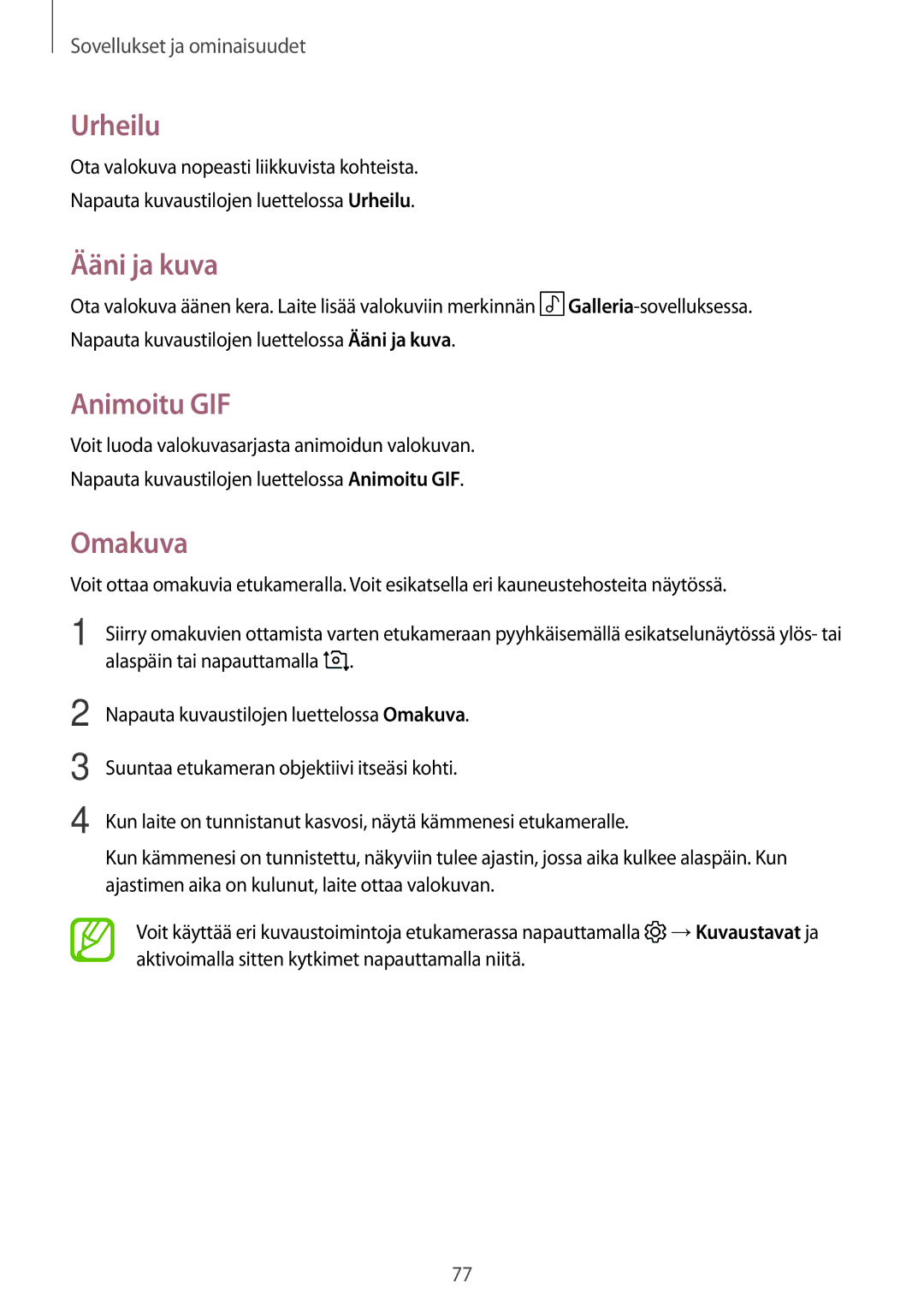 Samsung SM-T395NZKANEE manual Urheilu, Ääni ja kuva, Animoitu GIF, Omakuva 