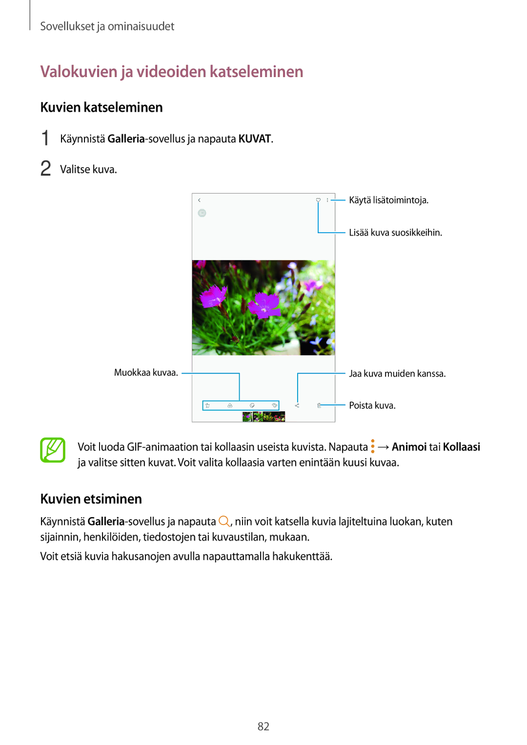 Samsung SM-T395NZKANEE manual Valokuvien ja videoiden katseleminen, Kuvien katseleminen, Kuvien etsiminen 