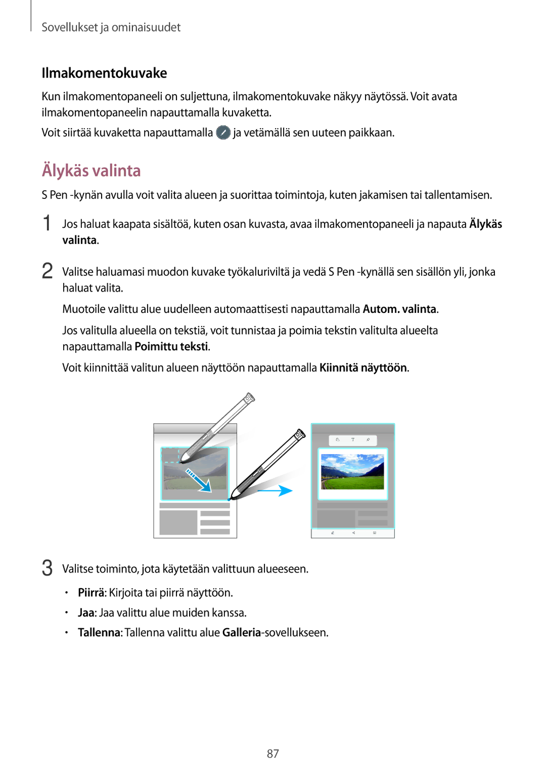 Samsung SM-T395NZKANEE manual Älykäs valinta, Ilmakomentokuvake, Valinta 