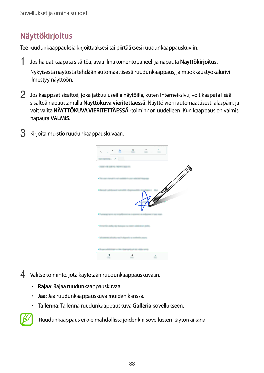 Samsung SM-T395NZKANEE manual Näyttökirjoitus, Ilmestyy näyttöön 