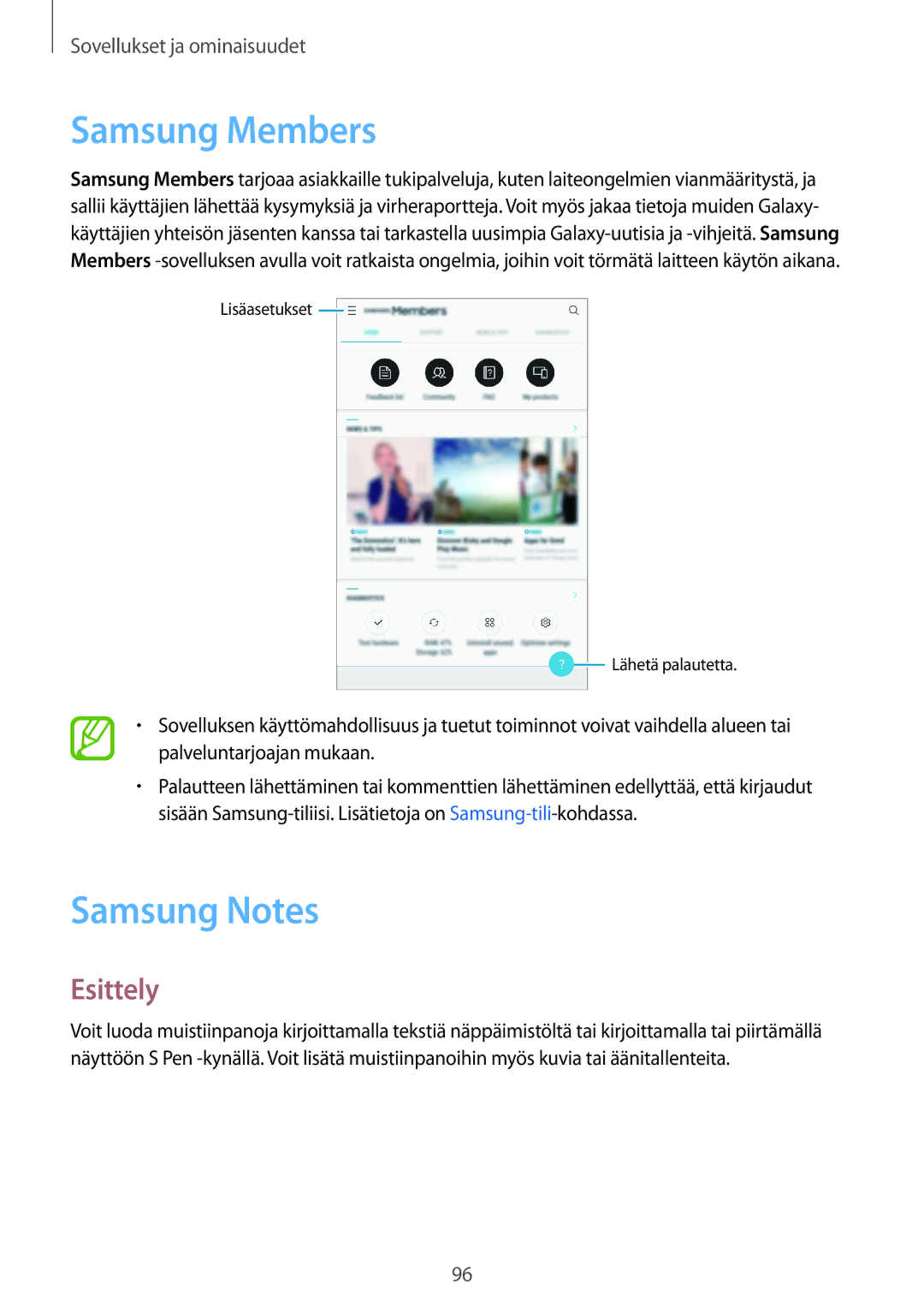 Samsung SM-T395NZKANEE manual Samsung Members, Samsung Notes 