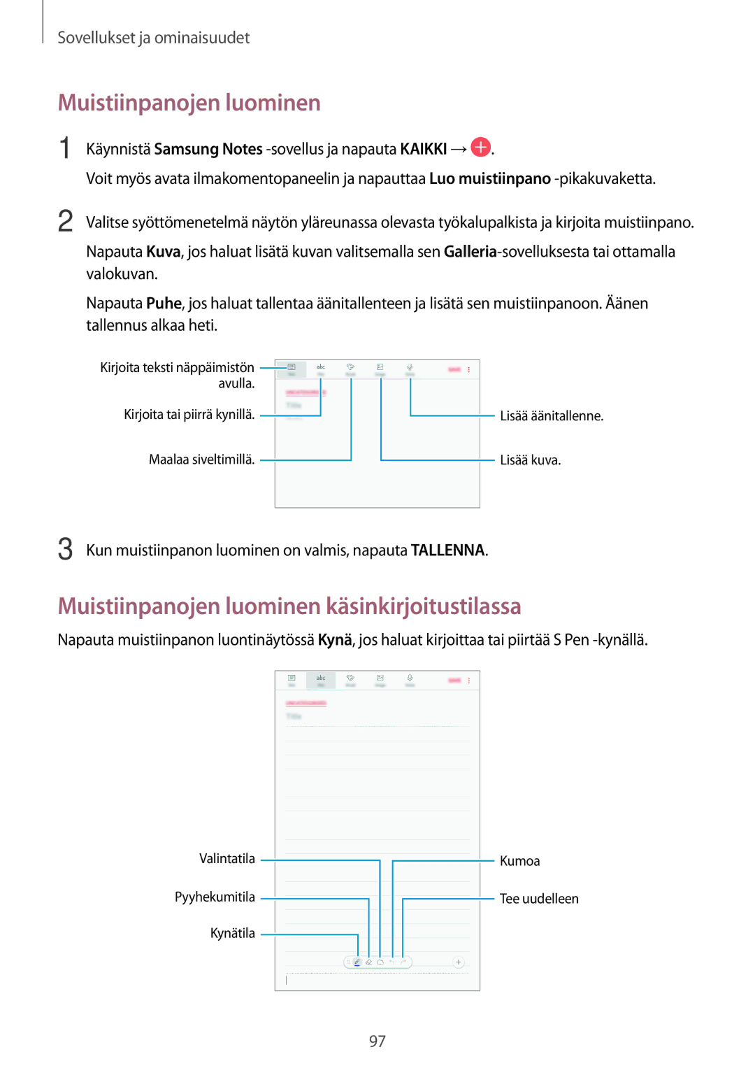 Samsung SM-T395NZKANEE manual Muistiinpanojen luominen käsinkirjoitustilassa 