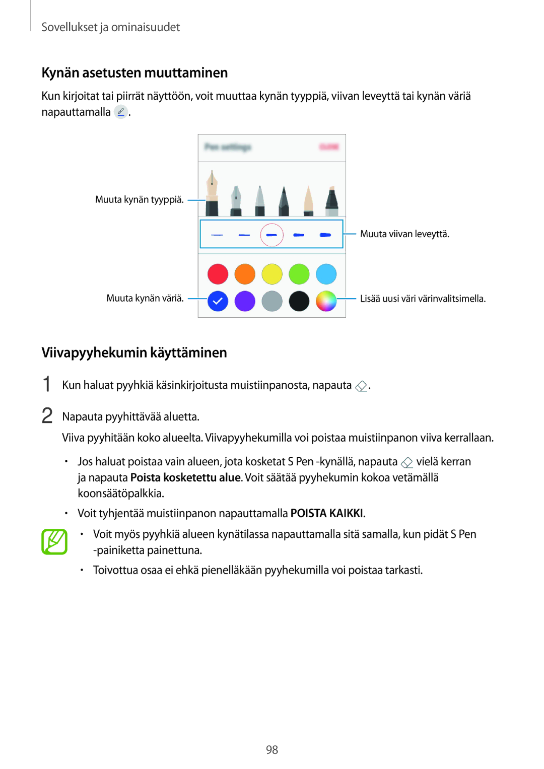 Samsung SM-T395NZKANEE manual Kynän asetusten muuttaminen, Viivapyyhekumin käyttäminen 