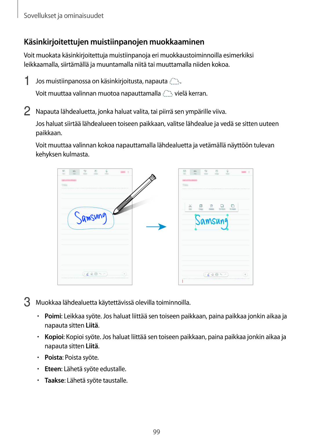 Samsung SM-T395NZKANEE manual Käsinkirjoitettujen muistiinpanojen muokkaaminen 