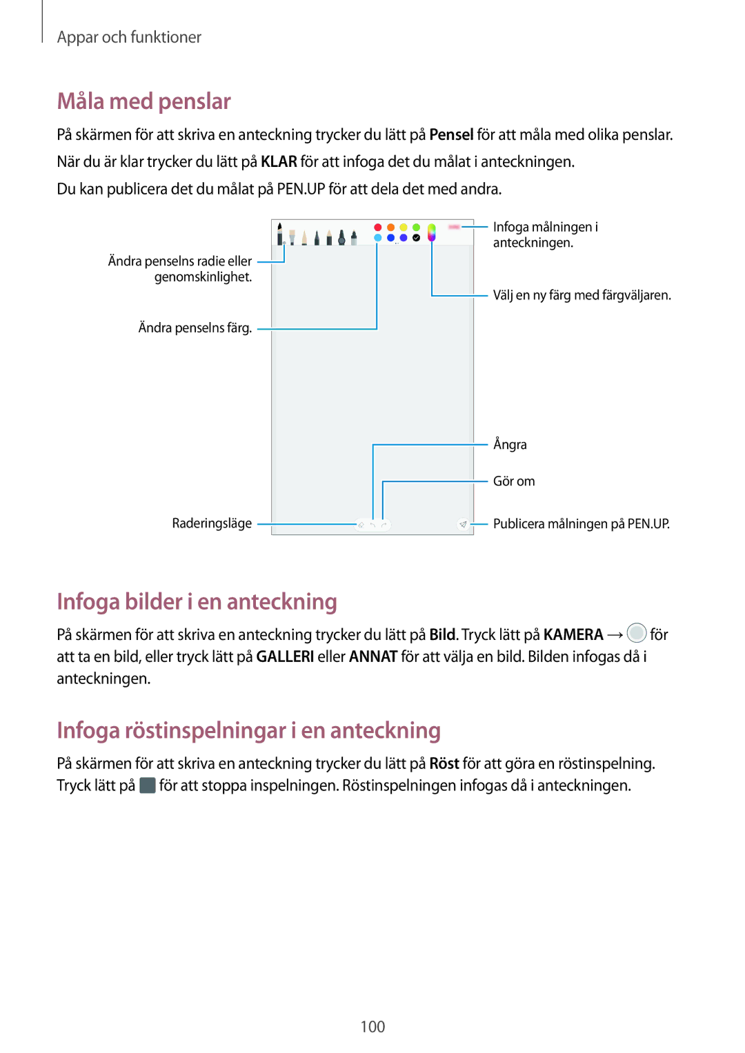 Samsung SM-T395NZKANEE manual Måla med penslar, Infoga bilder i en anteckning, Infoga röstinspelningar i en anteckning 