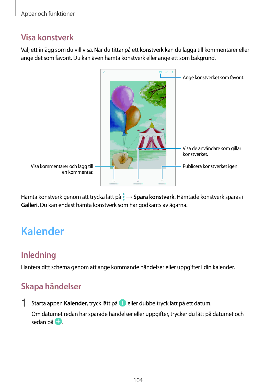 Samsung SM-T395NZKANEE manual Kalender, Visa konstverk, Skapa händelser 