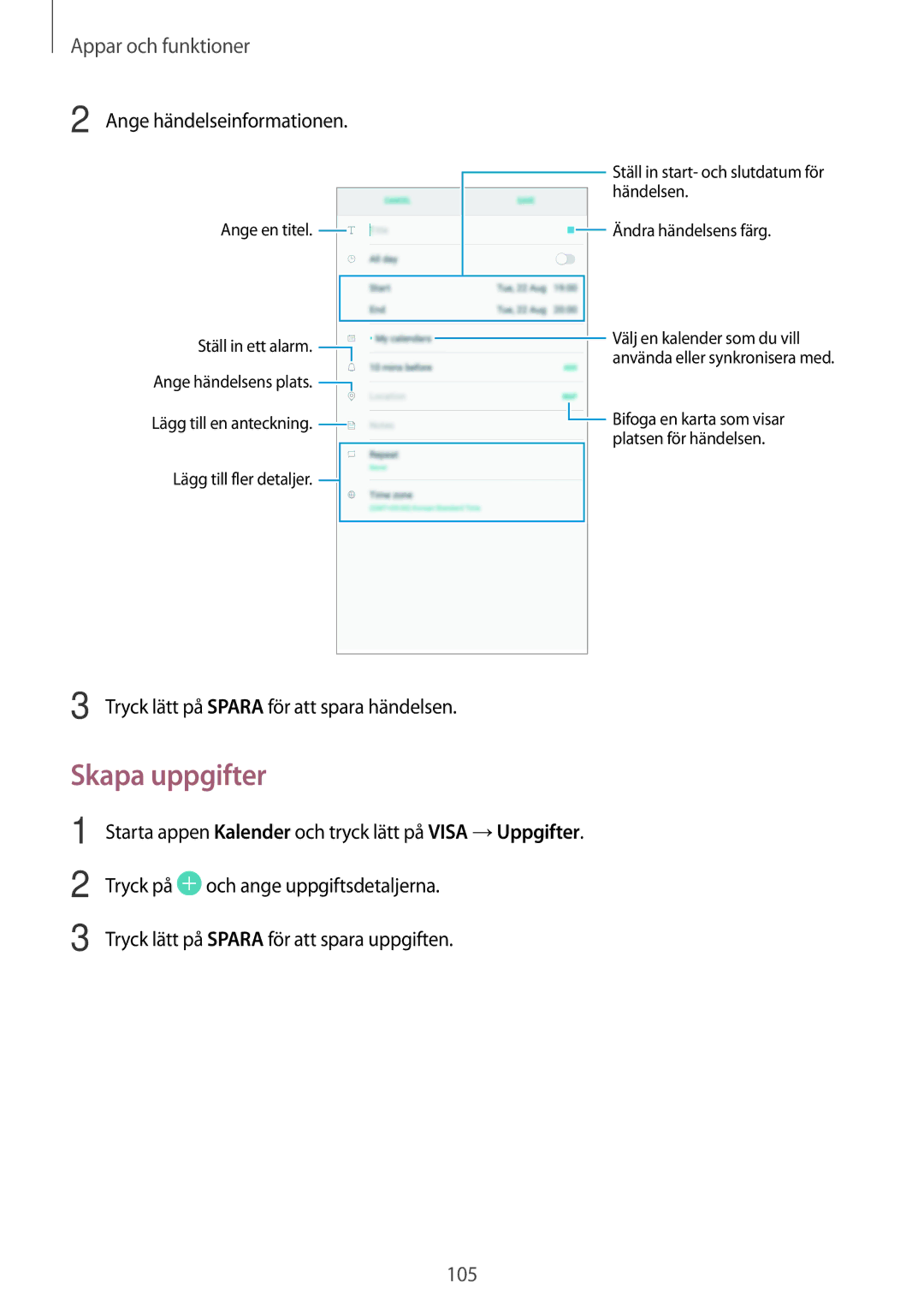 Samsung SM-T395NZKANEE manual Skapa uppgifter, Ange händelseinformationen 