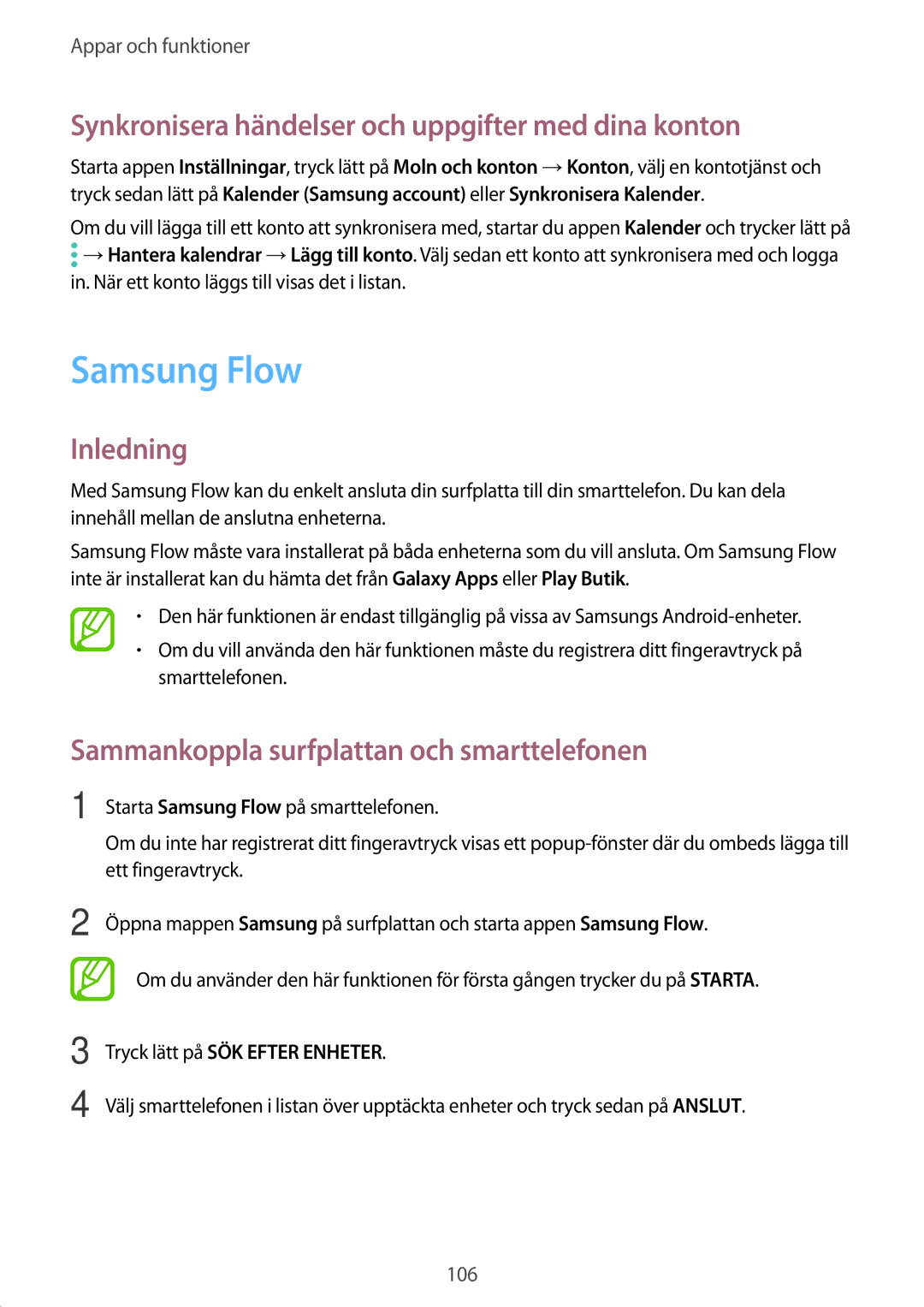 Samsung SM-T395NZKANEE Samsung Flow, Synkronisera händelser och uppgifter med dina konton, Tryck lätt på SÖK Efter Enheter 