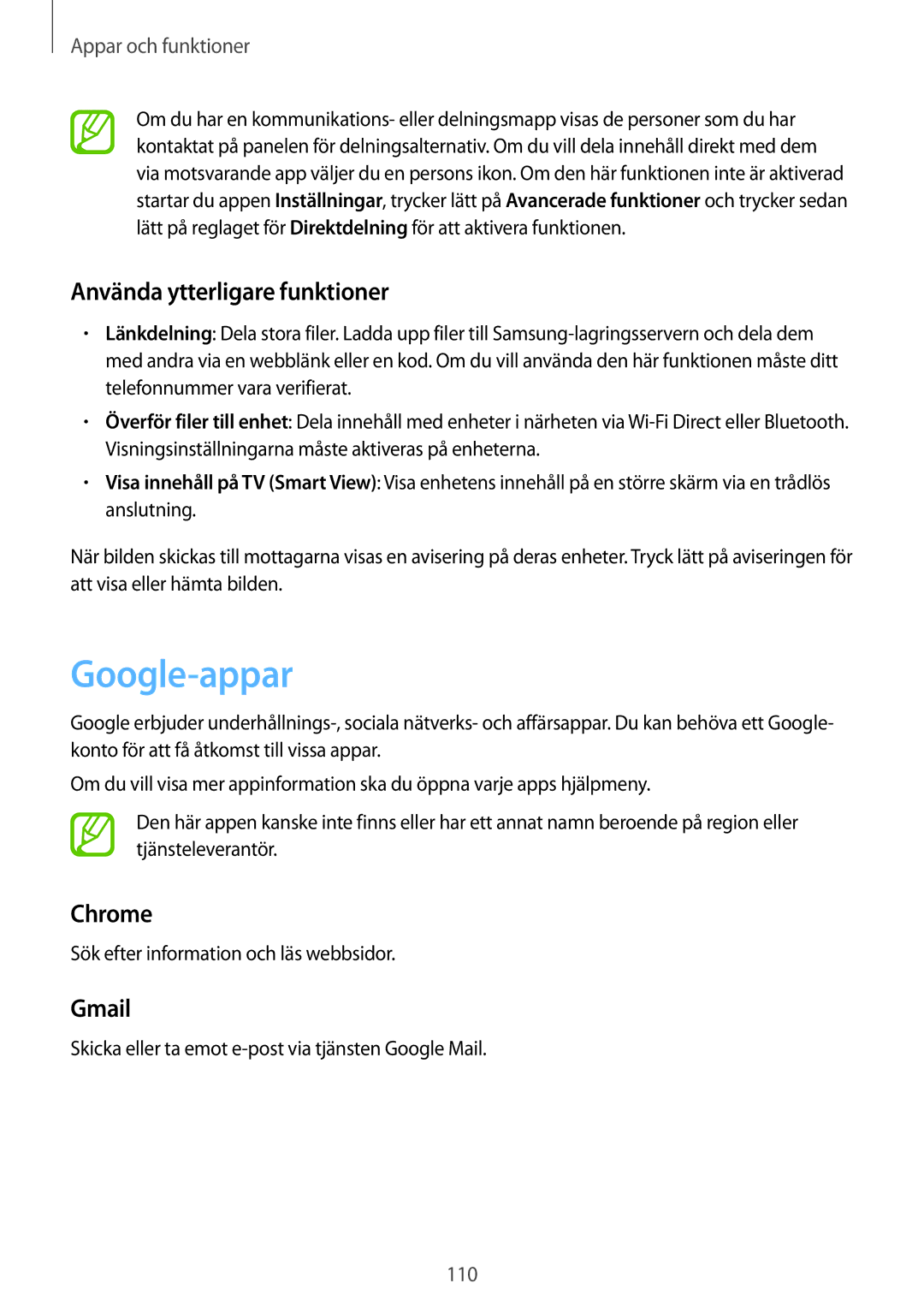 Samsung SM-T395NZKANEE manual Google-appar, Använda ytterligare funktioner, Chrome, Gmail 