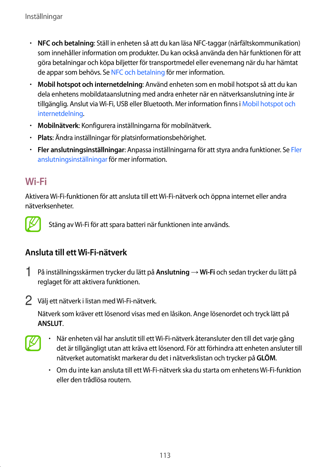 Samsung SM-T395NZKANEE manual Ansluta till ett Wi-Fi-nätverk 