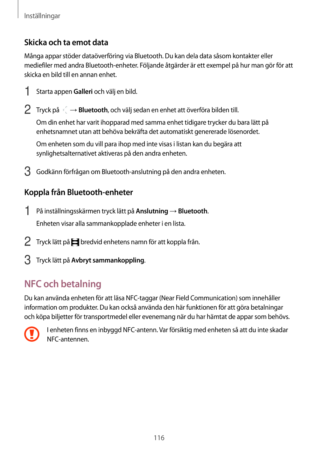 Samsung SM-T395NZKANEE manual NFC och betalning, Skicka och ta emot data, Koppla från Bluetooth-enheter 