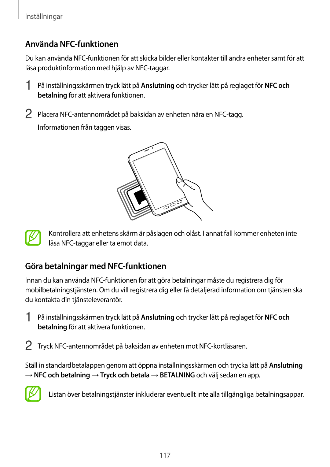 Samsung SM-T395NZKANEE manual Använda NFC-funktionen, Göra betalningar med NFC-funktionen 