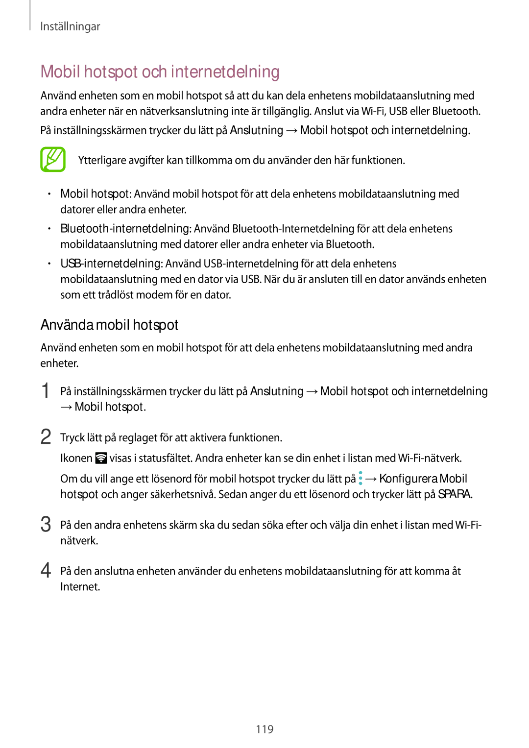 Samsung SM-T395NZKANEE manual Mobil hotspot och internetdelning, Använda mobil hotspot, → Mobil hotspot 