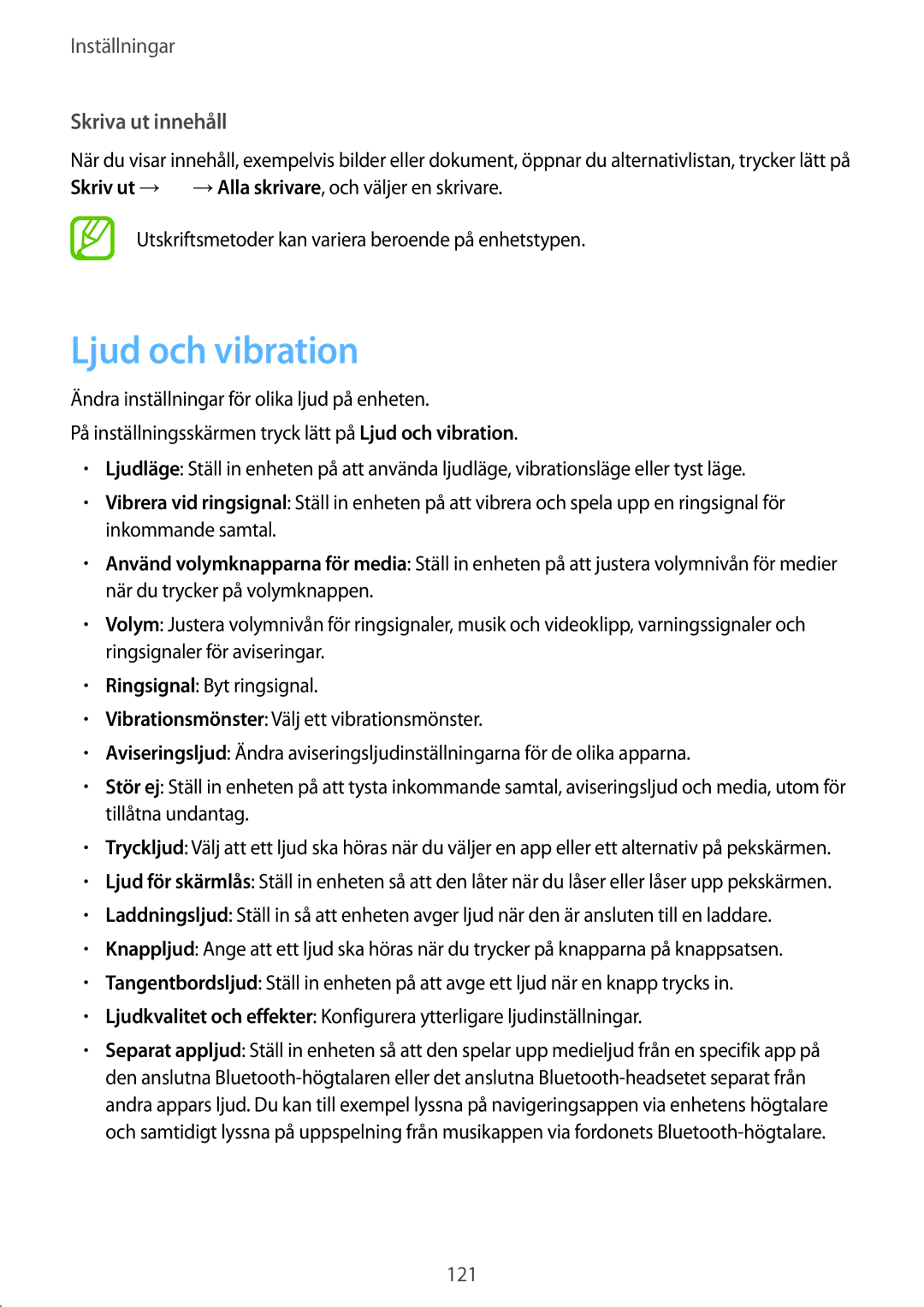 Samsung SM-T395NZKANEE manual Ljud och vibration, Skriva ut innehåll 