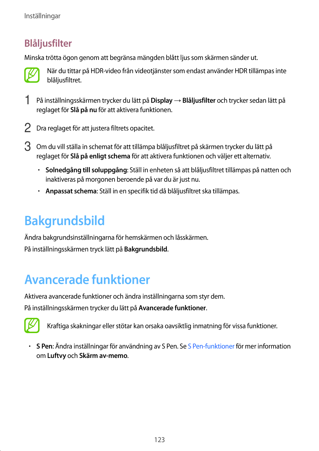 Samsung SM-T395NZKANEE manual Bakgrundsbild, Avancerade funktioner, Blåljusfilter 