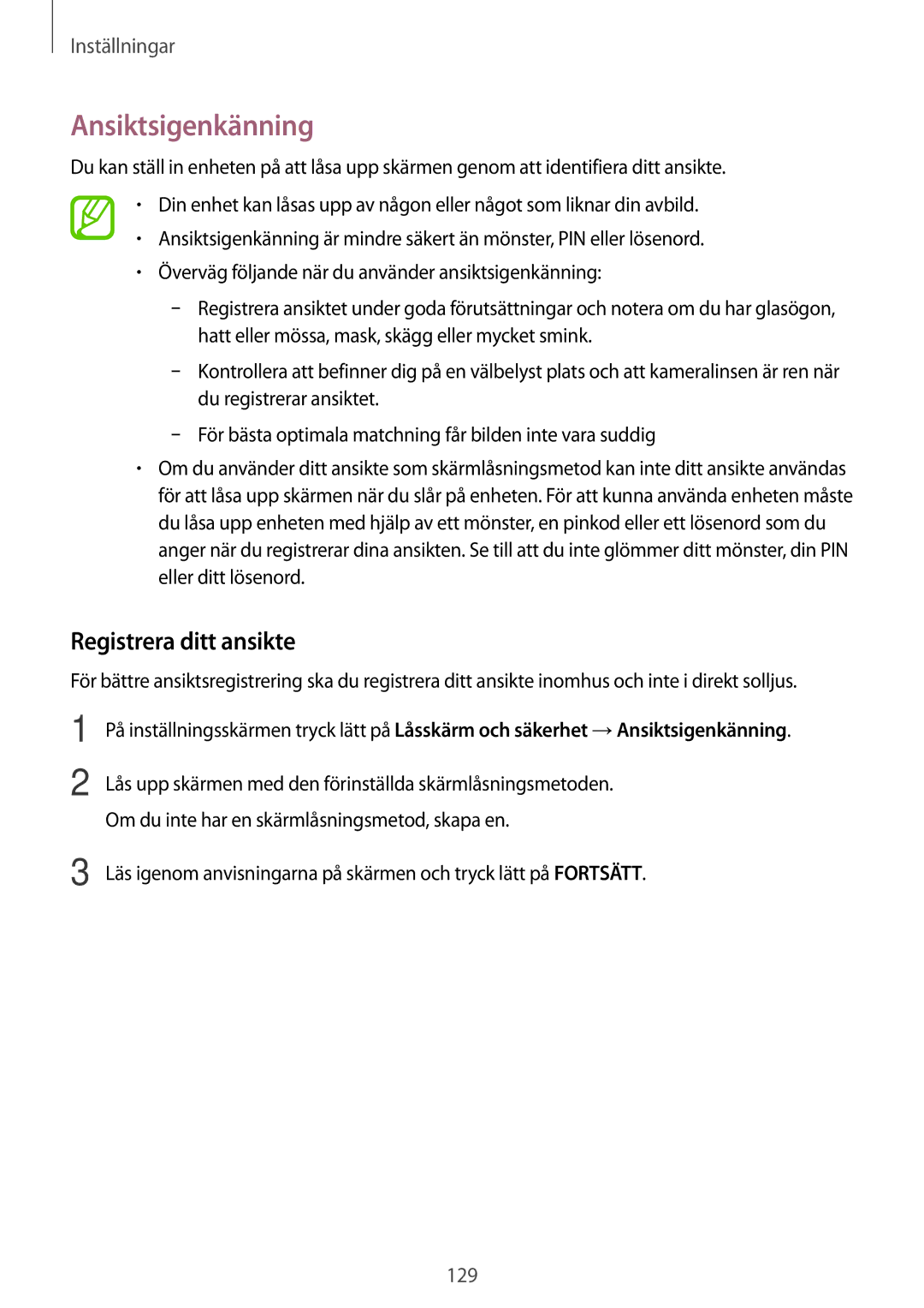 Samsung SM-T395NZKANEE manual Ansiktsigenkänning, Registrera ditt ansikte 