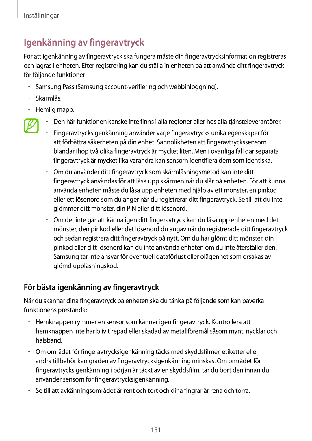 Samsung SM-T395NZKANEE manual Igenkänning av fingeravtryck, För bästa igenkänning av fingeravtryck 