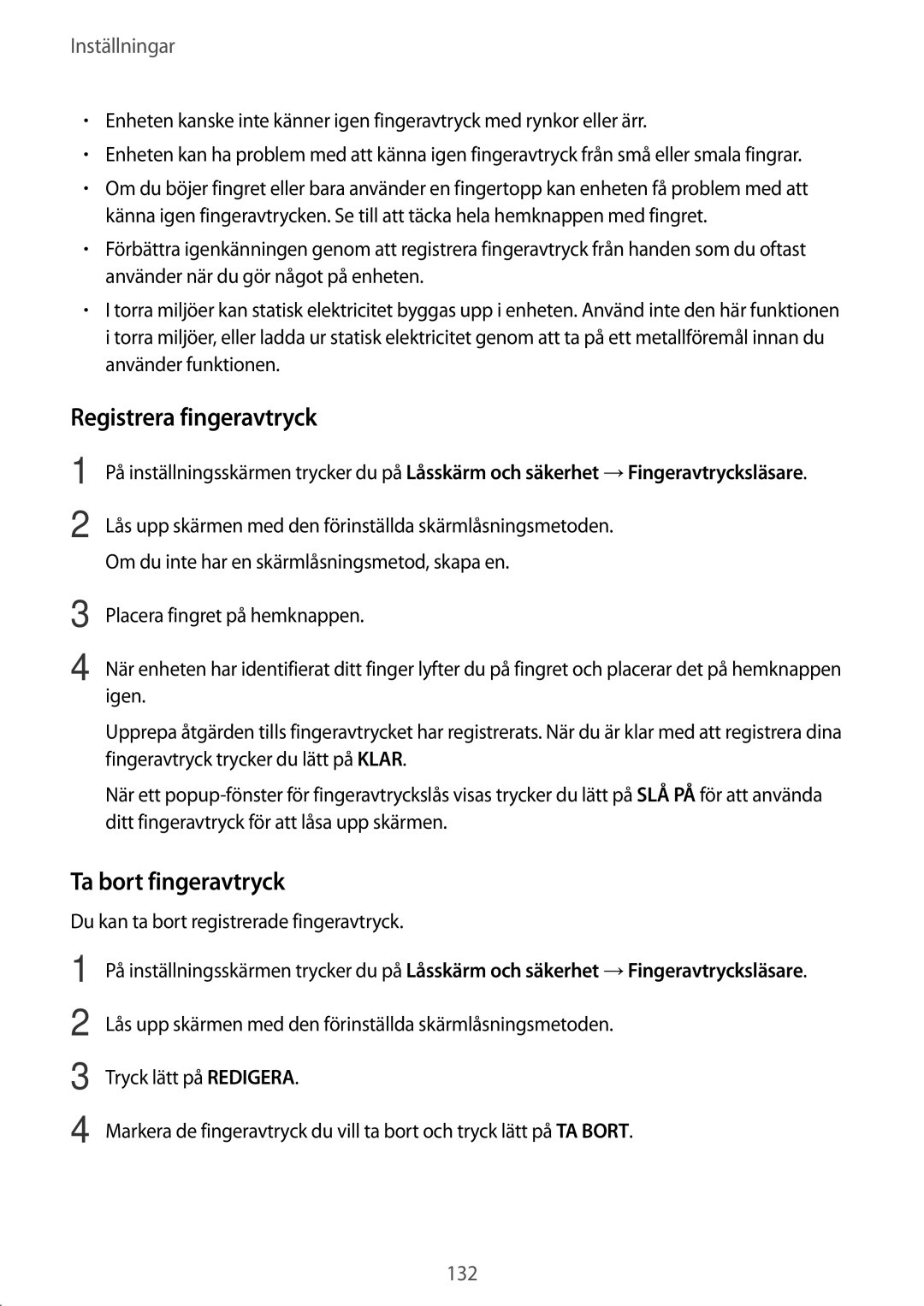 Samsung SM-T395NZKANEE manual Registrera fingeravtryck, Ta bort fingeravtryck 