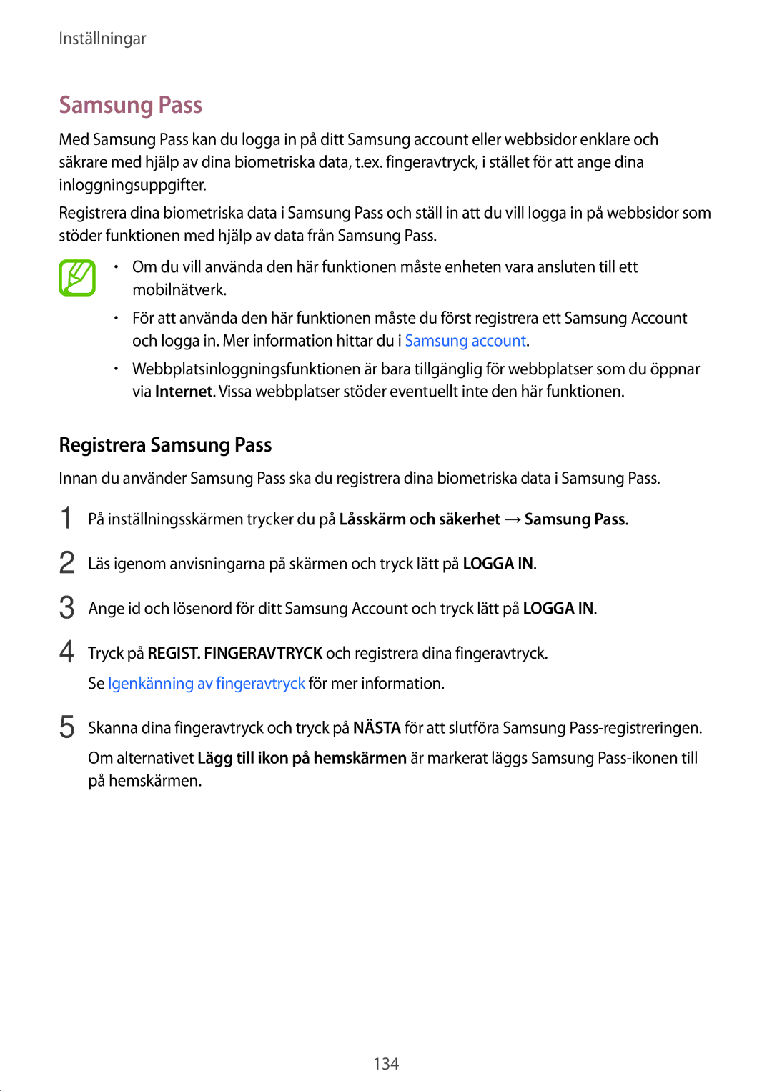 Samsung SM-T395NZKANEE manual Registrera Samsung Pass 