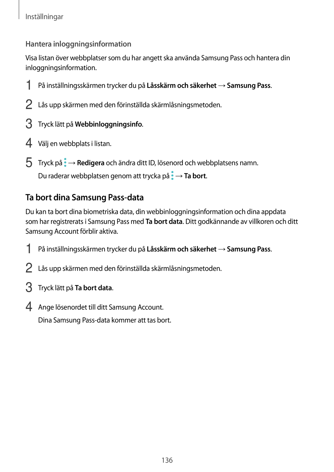 Samsung SM-T395NZKANEE Ta bort dina Samsung Pass-data, Hantera inloggningsinformation, Tryck lätt på Webbinloggningsinfo 