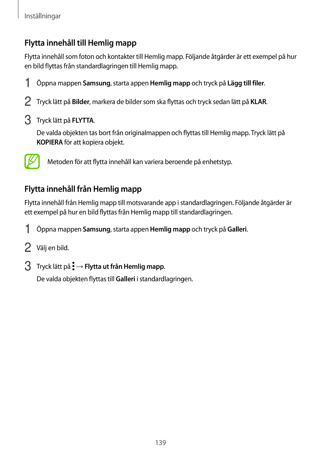 Samsung SM-T395NZKANEE manual Flytta innehåll till Hemlig mapp, Flytta innehåll från Hemlig mapp 