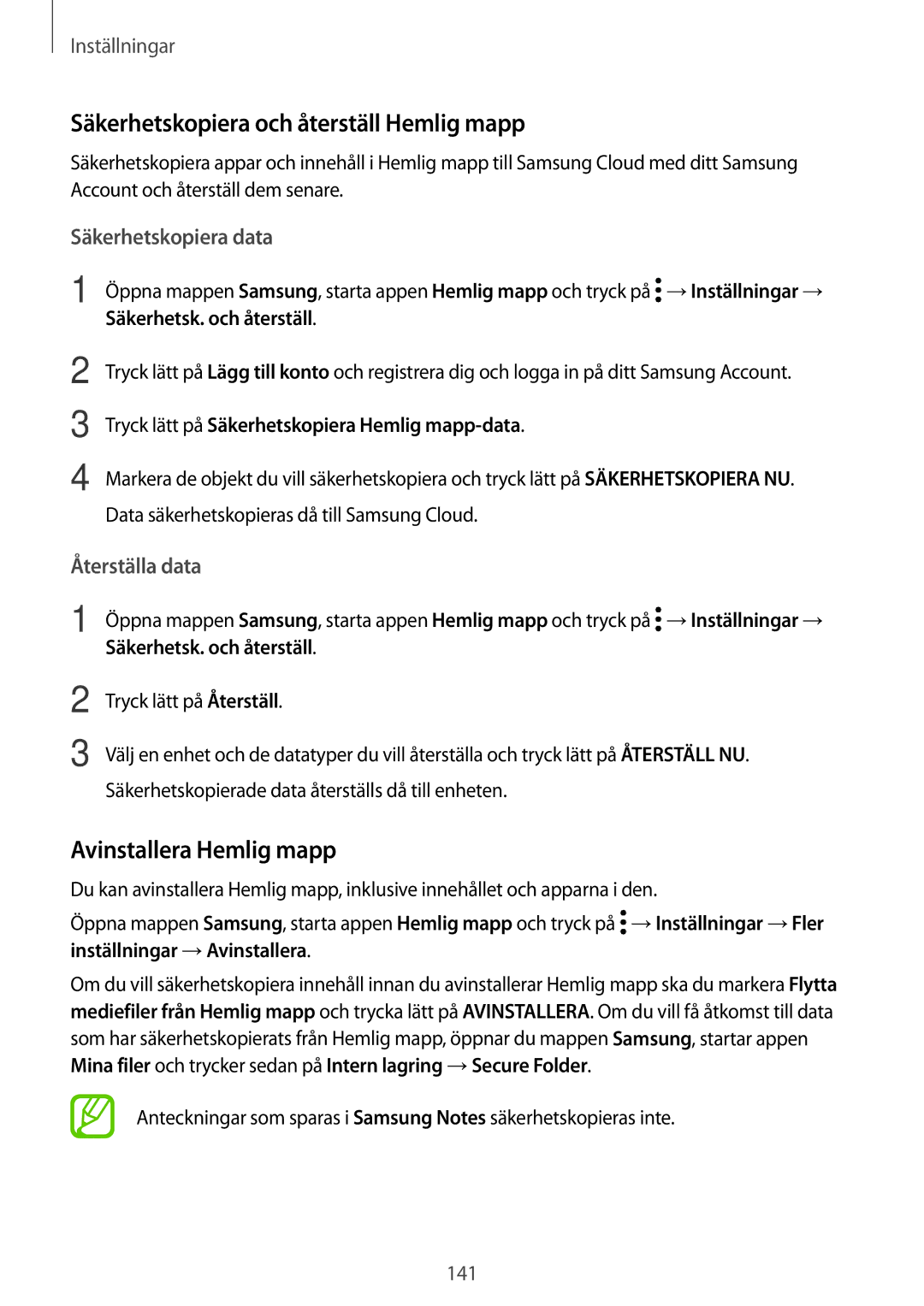Samsung SM-T395NZKANEE manual Säkerhetskopiera och återställ Hemlig mapp, Avinstallera Hemlig mapp, Säkerhetskopiera data 