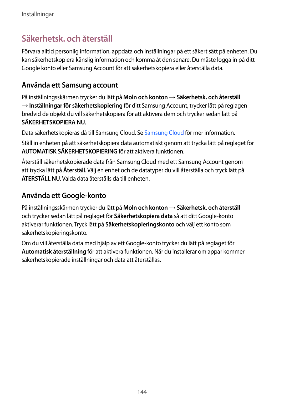 Samsung SM-T395NZKANEE manual Säkerhetsk. och återställ, Använda ett Samsung account, Använda ett Google-konto 