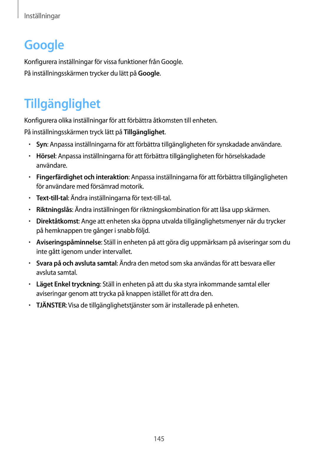 Samsung SM-T395NZKANEE manual Google, Tillgänglighet 