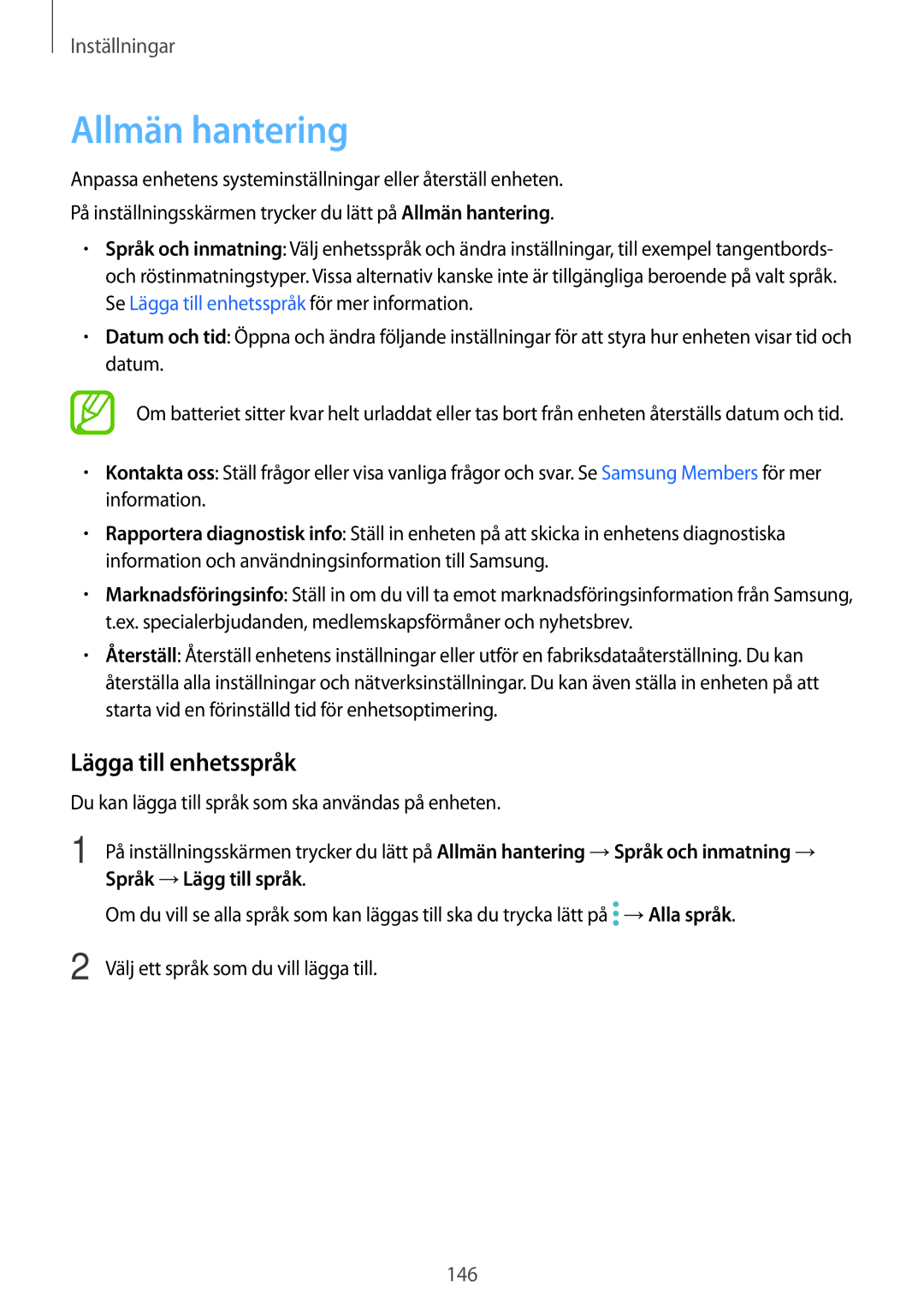 Samsung SM-T395NZKANEE manual Allmän hantering, Lägga till enhetsspråk 