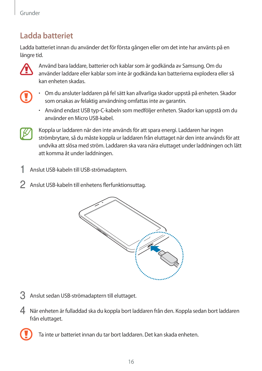 Samsung SM-T395NZKANEE manual Ladda batteriet 