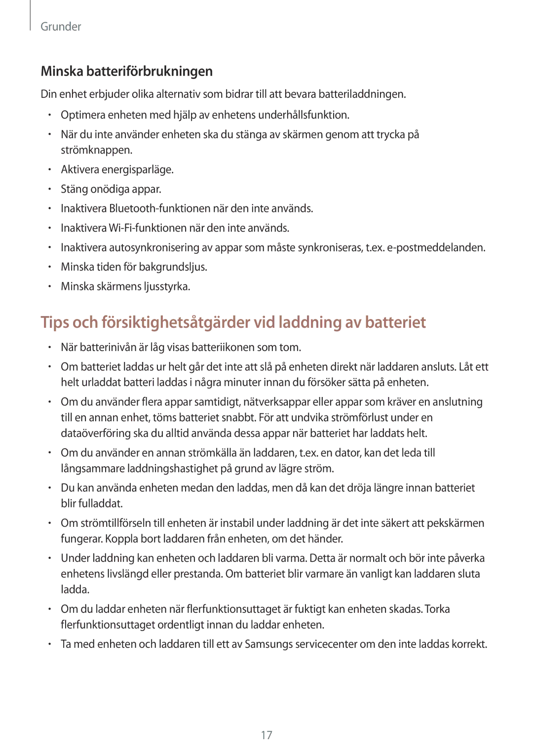 Samsung SM-T395NZKANEE manual Tips och försiktighetsåtgärder vid laddning av batteriet, Minska batteriförbrukningen 