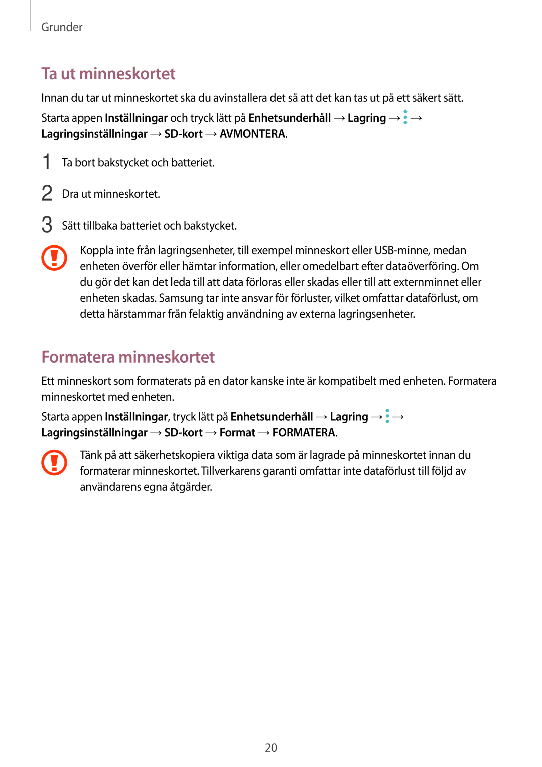 Samsung SM-T395NZKANEE manual Ta ut minneskortet, Formatera minneskortet 