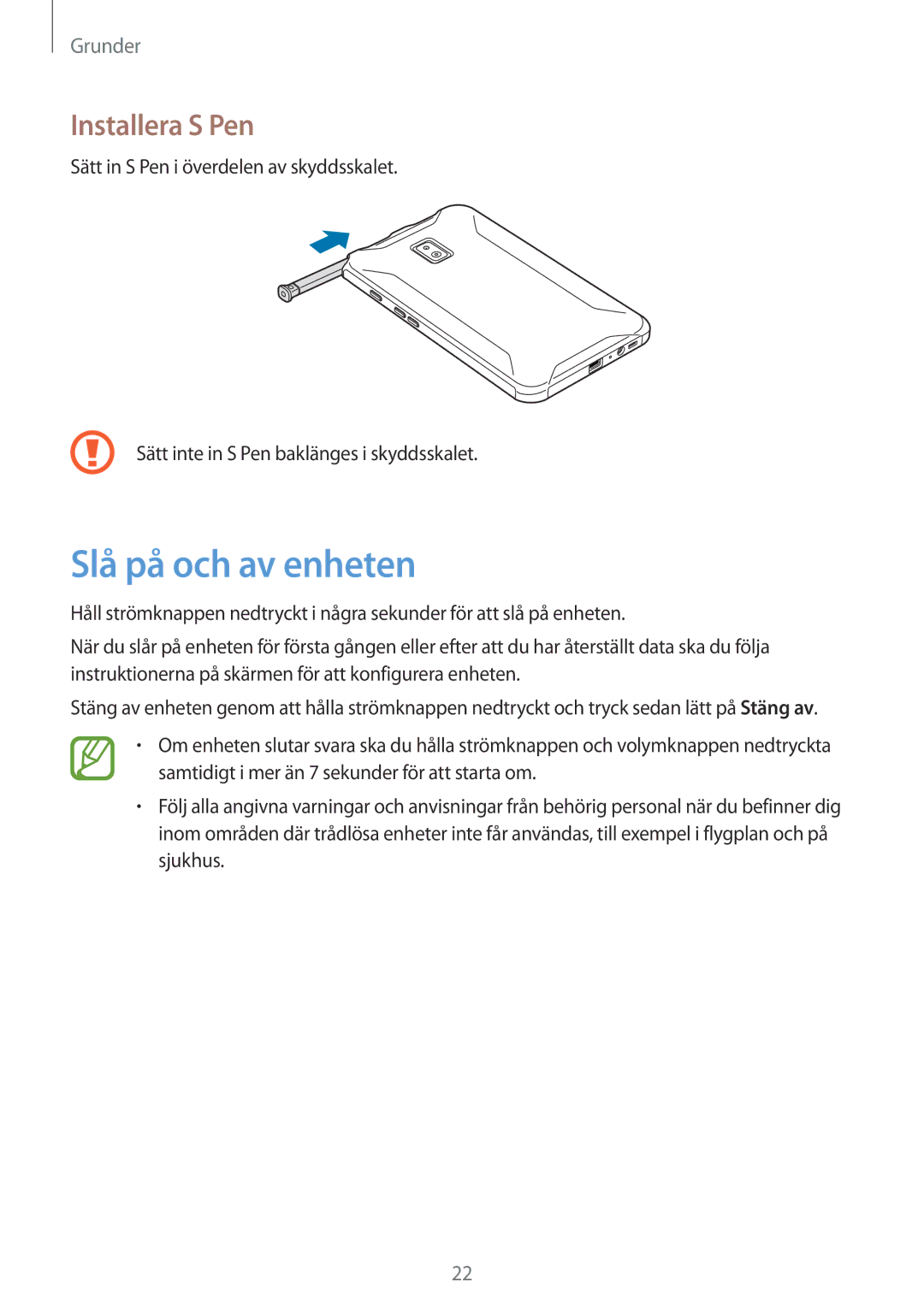 Samsung SM-T395NZKANEE manual Slå på och av enheten, Installera S Pen 