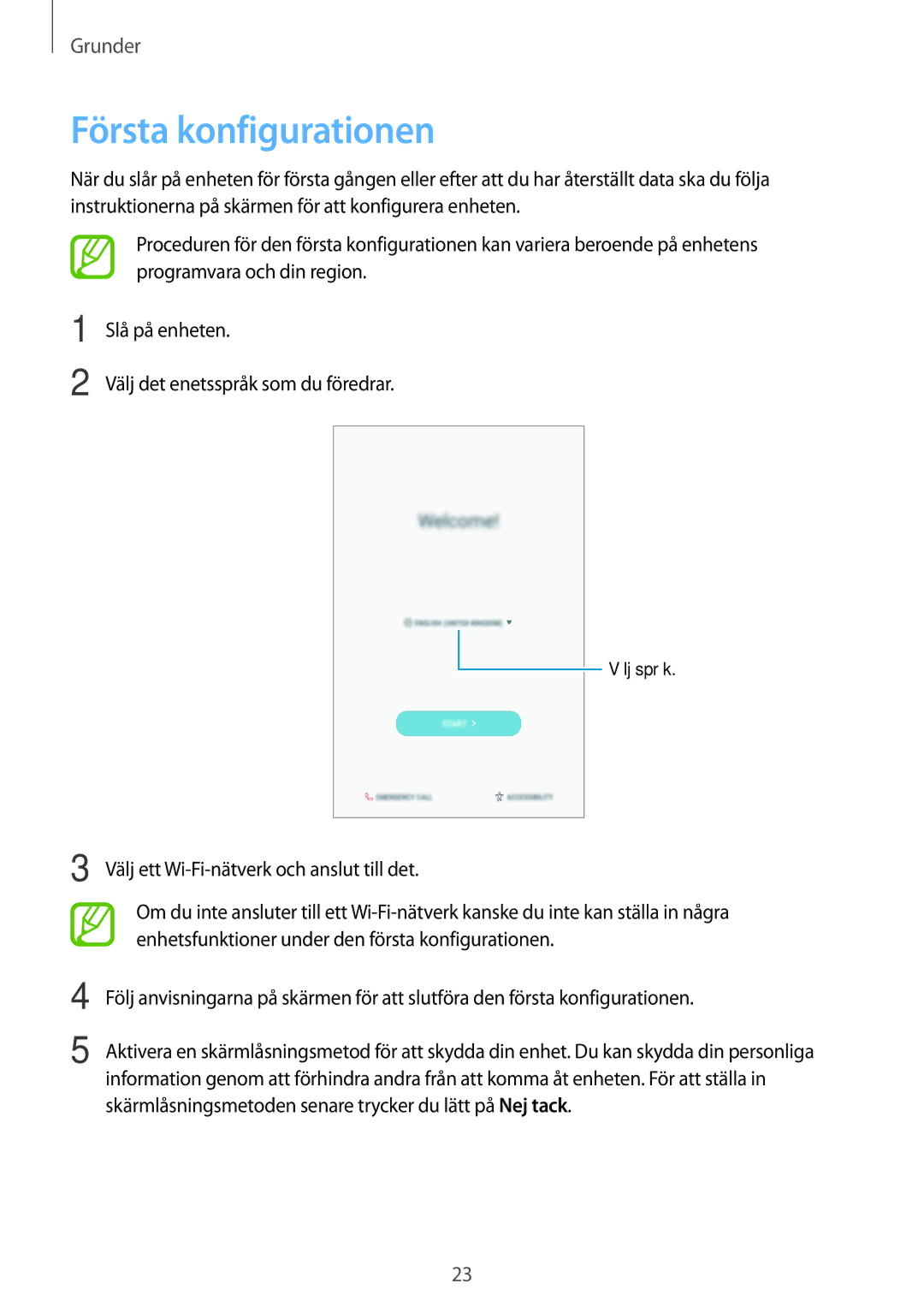 Samsung SM-T395NZKANEE manual Första konfigurationen, Välj ett Wi-Fi-nätverk och anslut till det 