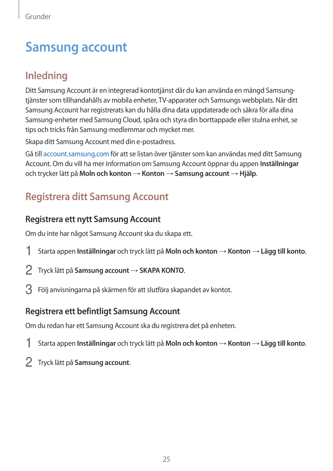 Samsung SM-T395NZKANEE Samsung account, Inledning, Registrera ditt Samsung Account, Registrera ett nytt Samsung Account 