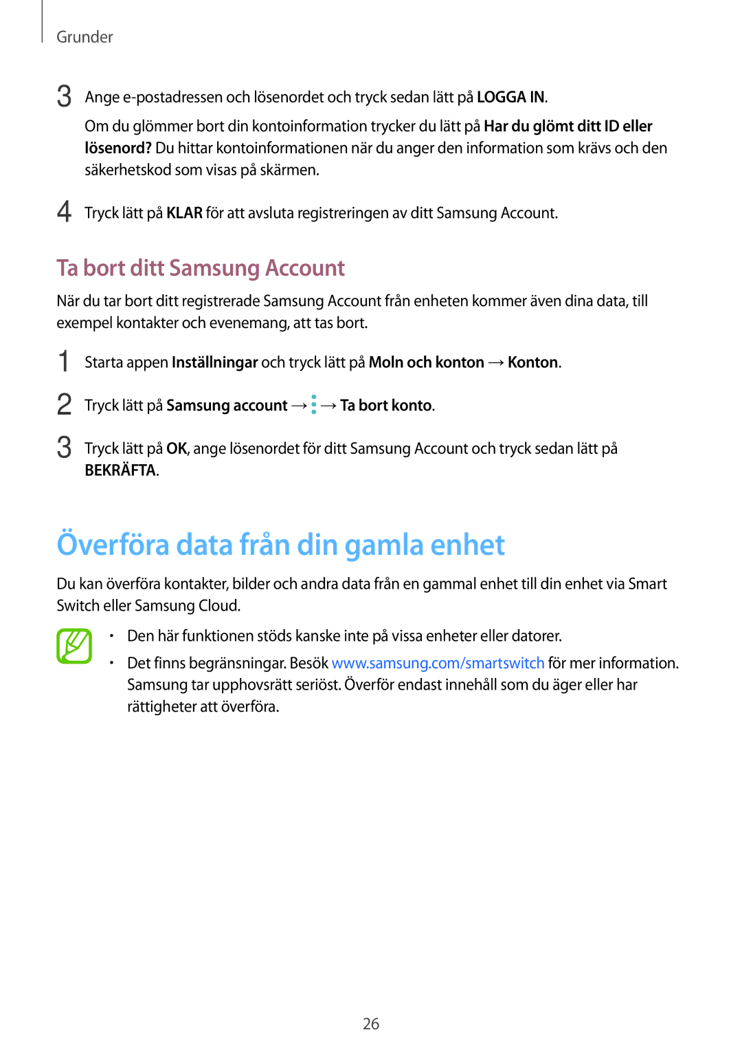 Samsung SM-T395NZKANEE manual Överföra data från din gamla enhet, Ta bort ditt Samsung Account 